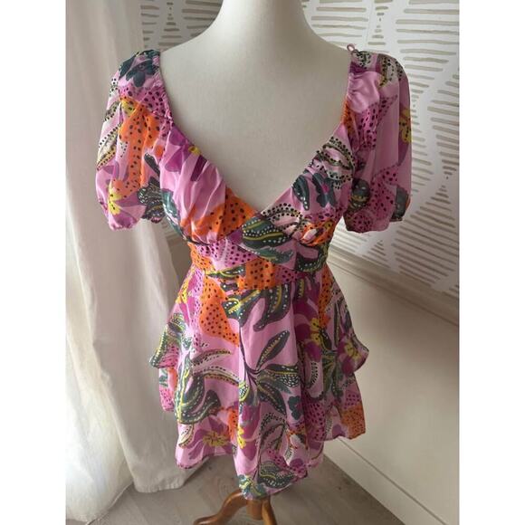 Crystal Sky Women’s Medium Tropical Print Puff Sleeve Tie Back Mini Dress - Picture 3 of 6